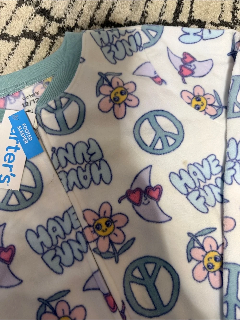 Carter's White Pajamas with Blue Peace Signs & Pastel Flower Print